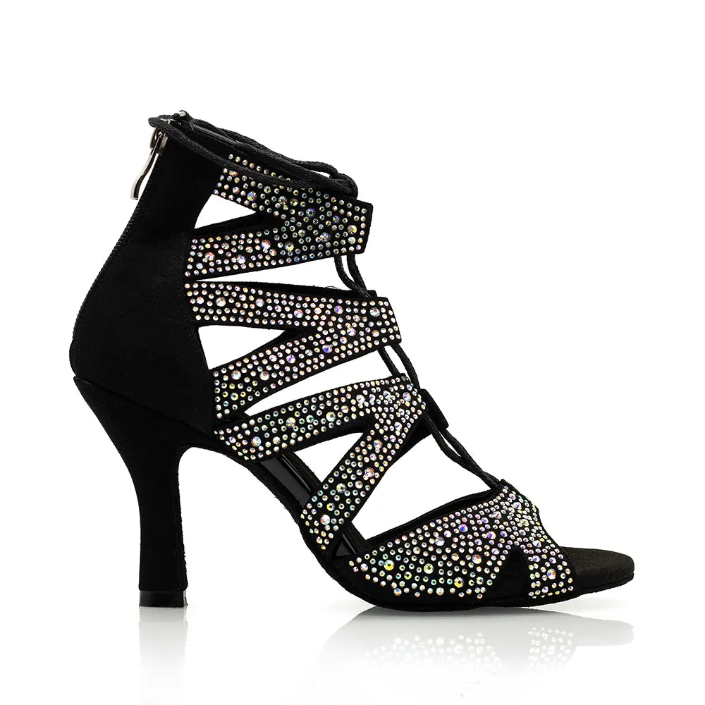 Stylish Black Microfiber Latin Dance Boots With Crystals
