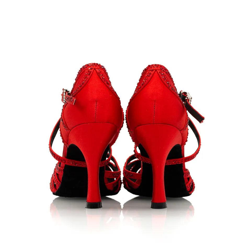 Stylish Red Satin Latin Dance Heels With Crystals