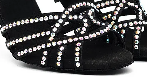 Stylish Black Satin Latin Dance Heels With Crystals
