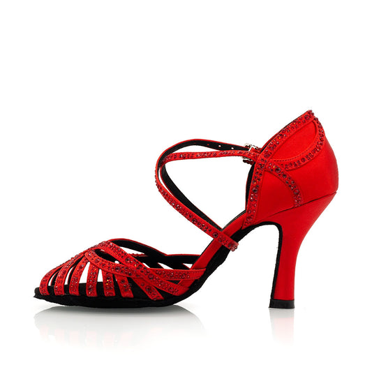 Stylish Red Satin Latin Dance Heels With Crystals