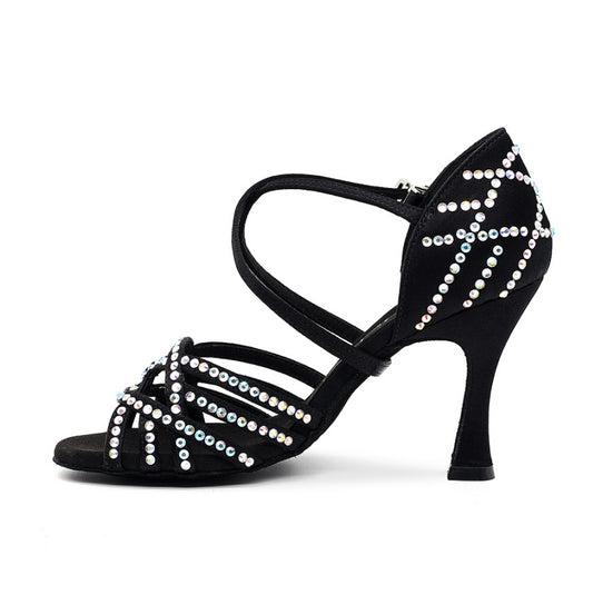 Stylish Black Satin Latin Dance Heels With Crystals